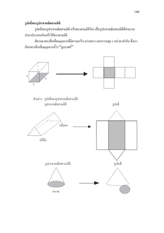 140
รูปคลี่ของรูปเรขาคณิตสามมิติ
รูปคลี่ของรูปเรขาคณิตสามมิติ หรือทรงสามมิติใดๆ เปนรูปเรขาคณิตสองมิติที่สามารถ
นํามาประกอบกันแลวไดทรงสามมิติ
พิจารณาทรงสี่เหลี่ยมมุมฉากที่มีความกวาง ความยาว และความสูง 1 หนวย เทากัน ซึ่งเรา
เรียกทรงสี่เหลี่ยมมุมฉากนี้วา “ลูกบาศก”
 