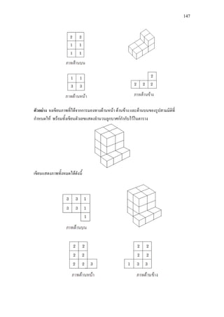 147
ตัวอยาง จงเขียนภาพที่ไดจากการมองทางดานหนา ดานขาง และดานบนของรูปสามมิติที่
กําหนดให พรอมทั้งเขียนตัวเลขแสดงจํานวนลูกบาศกกํากับไวในตาราง
เขียนแสดงภาพทั้งหมดไดดังนี้
 