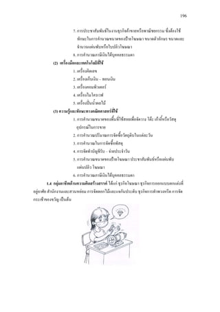 196
7. การประชาสัมพันธในงานธุรกิจคาขายหรือพาณิชยกรรม ซึ่งตองใช
ทักษะในการคํานวณขนาดของปายโฆษณา ขนาดตัวอักษร ขนาดและ
จํานวนแผนพับหรือใบปลิวโฆษณา
8. การคํานวณภาษีเงินไดบุคคลธรรมดา
(2) เครื่องมือและเทคโนโลยีที่ใช
1. เครื่องคิดเลข
2. เครื่องเก็บเงิน – ทอนเงิน
3. เครื่องคอมพิวเตอร
4. เครื่องไมโครเวฟ
5. เครื่องปนน้ําผลไม
(3) ความรูและทักษะทางคณิตศาสตรที่ใช
1. การคํานวณขนาดของพื้นที่ใชสอยเพื่อจัดวาง โตะ เกาอี้หรือวัสดุ
อุปกรณในการขาย
2. การคํานวณปริมาณการจัดซื้อวัตถุดิบในแตละวัน
3. การคํานวณในการจัดซื้อพัสดุ
4. การจัดทําบัญชีรับ – จายประจําวัน
5. การคํานวณขนาดของปายโฆษณา ประชาสัมพันธหรือแผนพับ
แผนปลิว โฆษณา
6. การคํานวณภาษีเงินไดบุคคลธรรมดา
1.4 กลุมอาชีพดานความคิดสรางสรรค ไดแก ธุรกิจโฆษณา ธุรกิจการออกแบบตกแตงที่
อยูอาศัย สํานักงานและสวนหยอม การจัดดอกไมและแจกันประดับ ธุรกิจการทําพวงหรีด การจัด
กระเชาของขวัญ เปนตน
 