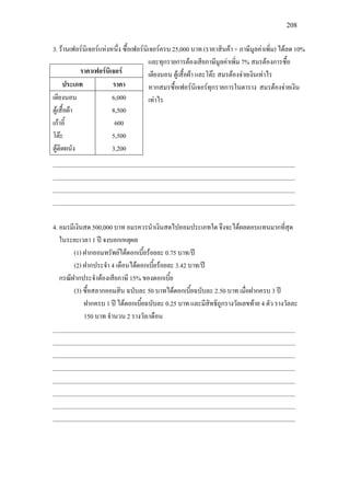 208
3. รานเฟอรนิเจอรแหงหนึ่ง ซื้อเฟอรนิเจอรครบ 25,000 บาท (ราคาสินคา + ภาษีมูลคาเพิ่ม) ไดลด 10%
และทุกรายการตองเสียภาษีมูลคาเพิ่ม 7% สมรตองการซื้อ
เตียงนอน ตูเสื้อผา และโตะ สมรตองจายเงินเทาไร
หากสมรซื้อเฟอรนิเจอรทุกรายการในตาราง สมรตองจายเงิน
เทาไร
______________________________________________________________________________
______________________________________________________________________________
______________________________________________________________________________
______________________________________________________________________________
4. อมรมีเงินสด 500,000 บาท อมรควรนําเงินสดไปออมประเภทใด จึงจะไดผลตอบแทนมากที่สุด
ในระยะเวลา 1 ป จงบอกเหตุผล
(1) ฝากออมทรัพยไดดอกเบี้ยรอยละ 0.75 บาท/ป
(2) ฝากประจํา 4 เดือนไดดอกเบี้ยรอยละ 3.42 บาท/ป
กรณีฝากประจําตองเสียภาษี 15% ของดอกเบี้ย
(3) ซื้อสลากออมสิน ฉบับละ 50 บาทไดดอกเบี้ยฉบับละ 2.50 บาท เมื่อฝากครบ 3 ป
ฝากครบ 1 ป ไดดอกเบี้ยฉบับละ 0.25 บาท และมีสิทธิถูกรางวัลเลขทาย 4 ตัว รางวัลละ
150 บาท จํานวน 2 รางวัล/เดือน
______________________________________________________________________________
______________________________________________________________________________
______________________________________________________________________________
______________________________________________________________________________
______________________________________________________________________________
______________________________________________________________________________
______________________________________________________________________________
______________________________________________________________________________
ราคาเฟอรนิเจอร
ประเภท ราคา
เตียงนอน
ตูเสื้อผา
เกาอี้
โตะ
ตูติดผนัง
6,000
8,500
600
5,500
3,200
 