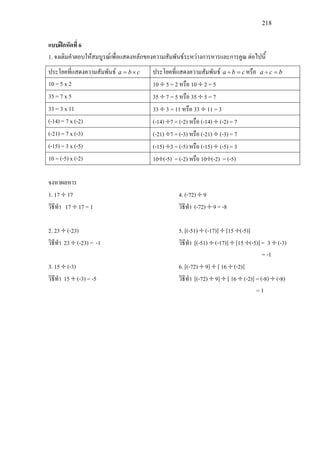 218
แบบฝกหัดที่ 6
1. จงเติมคําตอบใหสมบูรณเพื่อแสดงหลักของความสัมพันธระหวางการหารและการคูณ ตอไปนี้
ประโยคที่แสดงความสัมพันธ cba ×= ประโยคที่แสดงความสัมพันธ cba =÷ หรือ bca =÷
10 = 5 x 2 10 ÷ 5 = 2 หรือ 10 ÷ 2 = 5
35 = 7 x 5 35 ÷ 7 = 5 หรือ 35 ÷ 5 = 7
33 = 3 x 11 33 ÷ 3 = 11 หรือ 33 ÷ 11 = 3
(-14) = 7 x (-2) (-14) ÷7 = (-2) หรือ (-14) ÷ (-2) = 7
(-21) = 7 x (-3) (-21) ÷7 = (-3) หรือ (-21) ÷ (-3) = 7
(-15) = 3 x (-5) (-15) ÷3 = (-5) หรือ (-15) ÷ (-5) = 3
10 = (-5) x (-2) 10÷(-5) = (-2) หรือ 10÷(-2) = (-5)
จงหาผลหาร
1. 17 ÷ 17
วิธีทํา 17 ÷ 17 = 1
2. 23 ÷ (-23)
วิธีทํา 23 ÷ (-23) = -1
3. 15 ÷ (-3)
วิธีทํา 15 ÷ (-3) = -5
4. (-72) ÷ 9
วิธีทํา (-72) ÷ 9 = -8
5. [(-51) ÷ (-17)] ÷ [15 ÷(-5)]
วิธีทํา [(-51) ÷ (-17)] ÷ [15 ÷(-5)] = 3 ÷ (-3)
= -1
6. [(-72) ÷ 9] ÷ [ 16 ÷ (-2)]
วิธีทํา [(-72) ÷ 9] ÷ [ 16 ÷ (-2)] = (-8) ÷ (-8)
= 1
 