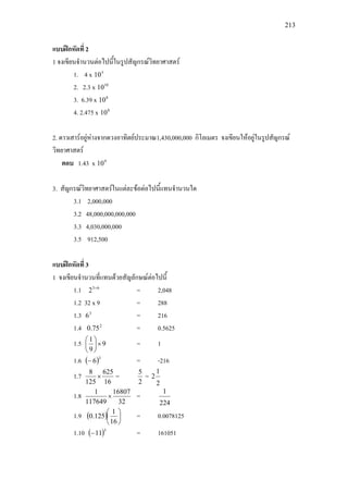 213
แบบฝกหัดที่ 2
1 จงเขียนจํานวนตอไปนี้ในรูปสัญกรณวิทยาศาสตร
1. 4 x 5
10
2. 2.3 x 10
10
3. 6.39 x 8
10
4. 2.475 x 8
10
2. ดาวเสารอยูหางจากดวงอาทิตยประมาณ1,430,000,000 กิโลเมตร จงเขียนใหอยูในรูปสัญกรณ
วิทยาศาสตร
ตอบ 1.43 x 9
10
3. สัญกรณวิทยาศาสตรในแตละขอตอไปนี้แทนจํานวนใด
3.1 2,000,000
3.2 48,000,000,000,000
3.3 4,030,000,000
3.5 912,500
แบบฝกหัดที่ 3
1 จงเขียนจํานวนที่แทนดวยสัญลักษณตอไปนี้
1.1 65
2 +
= 2,048
1.2 32 x 9 = 288
1.3 3
6 = 216
1.4 2
75.0 = 0.5625
1.5 9
9
1
×





= 1
1.6 ( )3
6− = -216
1.7
16
625
125
8
× =
2
5
=
2
1
2
1.8
32
16807
117649
1
× =
224
1
1.9 ( ) 





16
1
125.0 = 0.0078125
1.10 ( )5
11− = 161051
 