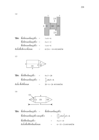 228
1.4
วิธีทํา พื้นที่สามเหลี่ยมรูปที่ 1 = 1 x 6 = 6
พื้นที่สามเหลี่ยมรูปที่ 2 = 2 x 1 = 2
พื้นที่สามเหลี่ยมรูปที่ 3 = 1 x 6 = 6
ดังนั้นพื้นที่แรเงาทั้งหมด = 6+2+6 = 14 ตารางหนวย
1.5
วิธีทํา พื้นที่สี่เหลี่ยมรูปที่ 1 = 4 x 5 = 20
พื้นที่สามเหลี่ยมรูปที่ 2 = 634
2
1
=xx
ดังนั้น พื้นที่ทั้งหมด = 20 + 6 = 26 ตารางหนวย
1.6
วิธีทํา พื้นที่สามเหลี่ยมรูปที่ 1 = พื้นที่สามเหลี่ยมรูปที่ 2
พื้นที่สามเหลี่ยมรูปที่ 1และรูปที่ 2 = 6223
2
1
=





xxx
พื้นที่สี่เหลี่ยมรูปที่ 3 = 5 x 3 = 15
ดังนั้นพื้นที่สี่เหลี่ยมทั้งหมด = 6 + 15 = 21 ตารางหนวย
1 1
6
2.5
2.5
2
 