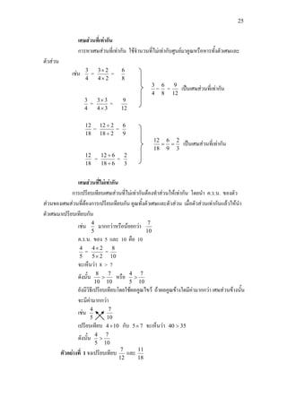 25
เศษสวนที่เทากัน
การหาเศษสวนที่เทากัน ใชจํานวนที่ไมเทากับศูนยมาคูณหรือหารทั้งตัวเศษและ
ตัวสวน
เชน
4
3
=
24
23
×
×
=
8
6
4
3
=
8
6
=
12
9
เปนเศษสวนที่เทากัน
4
3
=
34
33
×
×
=
12
9
18
12
=
218
212
÷
÷
=
9
6
3
2
9
6
18
12
== เปนเศษสวนที่เทากัน
18
12
=
618
612
÷
÷
=
3
2
เศษสวนที่ไมเทากัน
การเปรียบเทียบเศษสวนที่ไมเทากันตองทําสวนใหเทากัน โดยนํา ค.ร.น. ของตัว
สวนของเศษสวนที่ตองการเปรียบเทียบกัน คูณทั้งตัวเศษและตัวสวน เมื่อตัวสวนเทากันแลวใหนํา
ตัวเศษมาเปรียบเทียบกัน
เชน
5
4
มากกวาหรือนอยกวา
10
7
ค.ร.น. ของ 5 และ 10 คือ 10
5
4
=
25
24
×
×
=
10
8
จะเห็นวา 8 > 7
ดังนั้น
10
7
10
8
> หรือ
10
7
5
4
>
ยังมีวิธีเปรียบเทียบโดยใชผลคูณไขว ถาผลคูณขางใดมีคามากกวา เศษสวนขางนั้น
จะมีคามากกวา
เชน
5
4
10
7
เปรียบเทียบ 104× กับ 75× จะเห็นวา 3540 >
ดังนั้น
10
7
5
4
>
ตัวอยางที่ 1 จงเปรียบเทียบ
12
7
และ
18
11
 