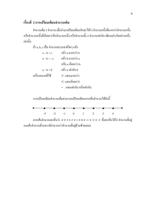 9
เรื่องที่ 2 การเปรียบเทียบจํานวนเต็ม
จํานวนเต็ม 2 จํานวน เมื่อนํามาเปรียบเทียบกันจะไดวา จํานวนหนึ่งที่มากกวาจํานวนหนึ่ง
หรือจํานวนหนึ่งที่นอยกวาอีกจํานวนหนึ่ง หรือจํานวนทั้ง 2 จํานวนเทากัน เพียงอยางใดอยางหนึ่ง
เทานั้น
ถา a, b, c เปน จํานวนธรรมชาติใดๆ แลว
a – b = c แลว a มากกวา b
a – b = - c แลว b มากกวา a
หรือ a นอยกวา b
a – b = 0 แลว a เทากับ b
เครื่องหมายที่ใช > แทนมากกวา
< แทนนอยกวา
= แทนเทากับ หรือเทากัน
การเปรียบเทียบจํานวนเต็มสามารถเปรียบเทียบจากเสนจํานวนไดดังนี้
จากเสนจํานวนจะเห็นวา 4 > 3 > 2 > 1 > 0 > -1 > -2 > -3 ซึ่งจะเห็นไดวา จํานวนที่อยู
บนเสนจํานวนดานขวามีคามากกวาจํานวนที่อยูดานซายเสมอ
 