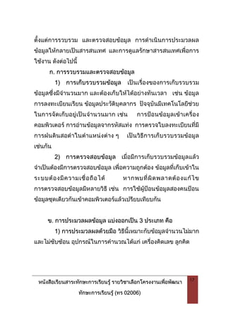 หนังสือเรียนสาระทักษะการเรียนรู รายวิชาเลือกโครงงานเพื่อพัฒนา
ทักษะการเรียนรู (ทร 02006)
17
ตั้งแตการรวบรวม และตรวจสอบขอมูล การดําเนินการประมวลผล
ขอมูลใหกลายเปนสารสนเทศ และการดูแลรักษาสารสนเทศเพื่อการ
ใชงาน ดังตอไปนี้
ก. การรวบรวมและตรวจสอบขอมูล
1) การเก็บรวบรวมขอมูล เปนเรื่องของการเก็บรวบรวม
ขอมูลซึ่งมีจํานวนมาก และตองเก็บใหไดอยางทันเวลา เชน ขอมูล
การลงทะเบียนเรียน ขอมูลประวัติบุคลากร ปจจุบันมีเทคโนโลยีชวย
ในการจัดเก็บอยูเปนจํานวนมาก เชน การปอนขอมูลเขาเครื่อง
คอมพิวเตอร การอานขอมูลจากรหัสแทง การตรวจใบลงทะเบียนที่มี
การฝนดินสอดําในตําแหนงตาง ๆ เปนวิธีการเก็บรวบรวมขอมูล
เชนกัน
2) การตรวจสอบขอมูล เมื่อมีการเก็บรวบรวมขอมูลแลว
จําเปนตองมีการตรวจสอบขอมูล เพื่อความถูกตอง ขอมูลที่เก็บเขาใน
ระบบตองมีความเชื่อถือได หากพบที่ผิดพลาดตองแกไข
การตรวจสอบขอมูลมีหลายวิธี เชน การใชผูปอนขอมูลสองคนปอน
ขอมูลชุดเดียวกันเขาคอมพิวเตอรแลวเปรียบเทียบกัน
ข. การประมวลผลขอมูล แบงออกเปน 3 ประเภท คือ
1) การประมวลผลดวยมือ วิธีนี้เหมาะกับขอมูลจํานวนไมมาก
และไมซับซอน อุปกรณในการคํานวณไดแก เครื่องคิดเลข ลูกคิด
 