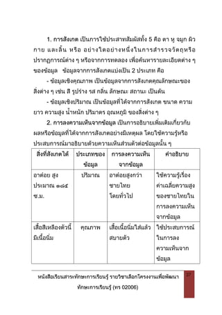 หนังสือเรียนสาระทักษะการเรียนรู รายวิชาเลือกโครงงานเพื่อพัฒนา
ทักษะการเรียนรู (ทร 02006)
27
1. การสังเกต เปนการใชประสาทสัมผัสทั้ง 5 คือ ตา หู จมูก ผิว
กาย และลิ้น หรือ อยางใดอยางหนึ่งในการสํารวจวัตถุหรือ
ปรากฏการณตาง ๆ หรือจากการทดลอง เพื่อคนหารายละเอียดตาง ๆ
ของขอมูล ขอมูลจากการสังเกตแบงเปน 2 ประเภท คือ
- ขอมูลเชิงคุณภาพ เปนขอมูลจากการสังเกตคุณลักษณะของ
สิ่งตาง ๆ เชน สี รูปราง รส กลิ่น ลักษณะ สถานะ เปนตน
- ขอมูลเชิงปริมาณ เปนขอมูลที่ไดจากการสังเกต ขนาด ความ
ยาว ความสูง น้ําหนัก ปริมาตร อุณหภูมิ ของสิ่งตาง ๆ
2. การลงความเห็นจากขอมูล เปนการอธิบายเพิ่มเติมเกี่ยวกับ
ผลหรือขอมูลที่ไดจากการสังเกตอยางมีเหตุผล โดยใชความรูหรือ
ประสบการณมาอธิบายดวยความเห็นสวนตัวตอขอมูลนั้น ๆ
สิ่งที่สังเกตได ประเภทของ
ขอมูล
การลงความเห็น
จากขอมูล
คําอธิบาย
อาตอย สูง
ประมาณ ๑๘๕
ซ.ม.
ปริมาณ อาตอยสูงกวา
ชายไทย
โดยทั่วไป
ใชความรูเรื่อง
คาเฉลี่ยความสูง
ของชายไทยใน
การลงความเห็น
จากขอมูล
เสื้อสีเหลืองตัวนี้
มีเนื้อนิ่ม
คุณภาพ เสื้อเนื้อนิ่มใสแลว
สบายตัว
ใชประสบการณ
ในการลง
ความเห็นจาก
ขอมูล
 