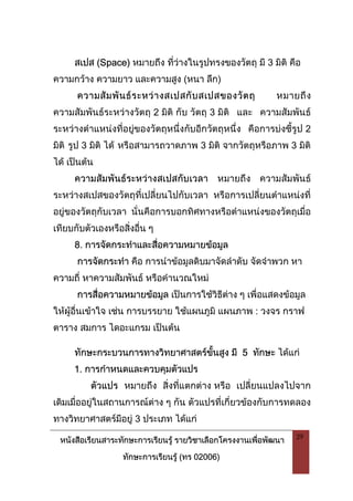 หนังสือเรียนสาระทักษะการเรียนรู รายวิชาเลือกโครงงานเพื่อพัฒนา
ทักษะการเรียนรู (ทร 02006)
29
สเปส (Space) หมายถึง ที่วางในรูปทรงของวัตถุ มี 3 มิติ คือ
ความกวาง ความยาว และความสูง (หนา ลึก)
ความสัมพันธระหวางสเปสกับสเปสของวัตถุ หมายถึง
ความสัมพันธระหวางวัตถุ 2 มิติ กับ วัตถุ 3 มิติ และ ความสัมพันธ
ระหวางตําแหนงที่อยูของวัตถุหนึ่งกับอีกวัตถุหนึ่ง คือการบงชี้รูป 2
มิติ รูป 3 มิติ ได หรือสามารถวาดภาพ 3 มิติ จากวัตถุหรือภาพ 3 มิติ
ได เปนตน
ความสัมพันธระหวางสเปสกับเวลา หมายถึง ความสัมพันธ
ระหวางสเปสของวัตถุที่เปลี่ยนไปกับเวลา หรือการเปลี่ยนตําแหนงที่
อยูของวัตถุกับเวลา นั่นคือการบอกทิศทางหรือตําแหนงของวัตถุเมื่อ
เทียบกับตัวเองหรือสิ่งอื่น ๆ
8. การจัดกระทําและสื่อความหมายขอมูล
การจัดกระทํา คือ การนําขอมูลดิบมาจัดลําดับ จัดจําพวก หา
ความถี่ หาความสัมพันธ หรือคํานวณใหม
การสื่อความหมายขอมูล เปนการใชวิธีตาง ๆ เพื่อแสดงขอมูล
ใหผูอื่นเขาใจ เชน การบรรยาย ใชแผนภูมิ แผนภาพ : วงจร กราฟ
ตาราง สมการ ไดอะแกรม เปนตน
ทักษะกระบวนการทางวิทยาศาสตรขั้นสูง มี 5 ทักษะ ไดแก
1. การกําหนดและควบคุมตัวแปร
ตัวแปร หมายถึง สิ่งที่แตกตาง หรือ เปลี่ยนแปลงไปจาก
เดิมเมื่ออยูในสถานการณตาง ๆ กัน ตัวแปรที่เกี่ยวของกับการทดลอง
ทางวิทยาศาสตรมีอยู 3 ประเภท ไดแก
 
