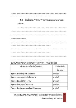 หนังสือเรียนสาระทักษะการเรียนรู รายวิชาเลือกโครงงานเพื่อพัฒนา
ทักษะการเรียนรู (ทร 02006)
49
..................................................................................................
.......................................................................
1.4 ชื่อเรื่องตองใชภาษาวิชาการและสุภาพเหมาะสม
อธิบาย
......................................................................................
..................................................................................................
..................................................................................................
...........................
..................................................................................................
.......................................................................
..................................................................................................
.......................................................................
..................................................................................................
.......................................................................
ขอที่ 2 ใหผูเรียนเรียงลําดับการจัดทําโครงงานใหถูกตอง
ขั้นตอนการจัดทําโครงงาน การจัดลําดับ
ขั้นตอน
1) การเขียนรายงานโครงงาน ลําดับที่
2) การวางแผนการทําโครงงาน ลําดับที่
3) การเลือกชื่อโครงงาน ลําดับที่
4) การดําเนินงานโครงงาน ลําดับที่
5) การนําเสนอผลการจัดทําโครงงาน ลําดับที่
 
