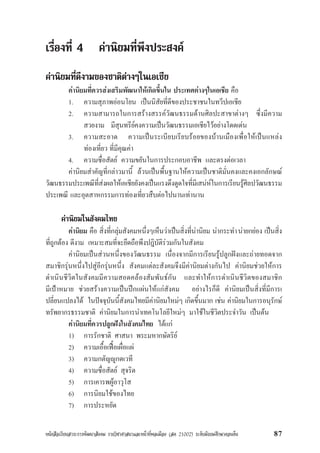 หนังสือเรียนสาระการพัฒนาสังคม รายวิชาศาสนาและหนาที่พลเมือง (สค 21002) ระดับมัธยมศึกษาตอนตน 87
เรื่องที่ 4 คานิยมที่พึงประสงค
คานิยมที่ดีงามของชาติตางๆในเอเชีย
คานิยมที่ควรสงเสริมพัฒนาใหเกิดขึ้นใน ประเทศตางๆในเอเชีย คือ
1. ความสุภาพออนโยน เปนนิสัยที่ดีของประชาชนในทวีปเอเชีย
2. ความสามารถในการสรางสรรควัฒนธรรมดานศิลปะสาขาตางๆ ซึ่งมีความ
สวยงาม มีสุนทรียคงความเปนวัฒนธรรมเอเชียไวอยางโดดเดน
3. ความสะอาด ความเปนระเบียบเรียบรอยของบานเมืองเพื่อใหเปนแหลง
ทองเที่ยว ที่มีคุณคา
4. ความซื่อสัตย ความขยันในการประกอบอาชีพ และตรงตอเวลา
คานิยมสำคัญที่กลาวมานี้ ลวนเปนพื้นฐานใหความเปนชาติมั่นคงและคงเอกลักษณ
วัฒนธรรมประเพณีที่สงผลใหเอเชียยังคงเปนแรงดึงดูดใจที่มีเสนหในการเรียนรูศิลปวัฒนธรรม
ประเพณี และอุตสาหกรรมการทองเที่ยวสืบตอไปนานเทานาน
คานิยมในสังคมไทย
คานิยม คือ สิ่งที่กลุมสังคมหนึ่งๆเห็นวาเปนสิ่งที่นานิยม นากระทำนายกยอง เปนสิ่ง
ที่ถูกตอง ดีงาม เหมาะสมที่จะยึดถือพึงปฎิบัติรวมกันในสังคม
คานิยมเปนสวนหนึ่งของวัฒนธรรม เนื่องจากมีการเรียนรูปลูกฝงและถายทอดจาก
สมาชิกรุนหนึ่งไปสูอีกรุนหนึ่ง สังคมแตละสังคมจึงมีคานิยมตางกันไป คานิยมชวยใหการ
ดำเนินชีวิตในสังคมมีความสอดคลองสัมพันธกัน และทำใหการดำเนินชีวิตของสมาชิก
มีเปาหมาย ชวยสรางความเปนปกแผนใหแกสังคม อยางไรก็ดี คานิยมเปนสิ่งที่มีการเ
ปลี่ยนแปลงได ในปจจุบันนี้สังคมไทยมีคานิยมใหมๆ เกิดขึ้นมาก เชน คานิยมในการอนุรักษ
ทรัพยากรธรรมชาติ คานิยมในการนำเทคโนโลยีใหมๆ มาใชในชีวิตประจำวัน เปนตน
คานิยมที่ควรปลูกฝงในสังคมไทย ไดแก
1) การรักชาติ ศาสนา พระมหากษัตริย
2) ความเอื้อเฟอเผื่อแผ
3) ความกตัญูกดเวที
4) ความซื่อสัตย สุจริต
5) การเคารพผูอาวุโส
6) การนิยมใชของไทย
7) การประหยัด
 