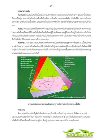 ~ 29 ~
 
 
ประเภทของดิน
ดินเหนียว(Clay) เป็นดินที่มีเนื้อละเอียด ในสภาพดินแห้งจะแตกออกเป็นก้อนแข็งมาก เมื่อเปียกน้ําแล้วจะ
มีความยืดหยุ่น สามารถปั้นเป็นก้อนหรือคลึงเป็นเส้นยาวได้ เหนียวเหนอะหนะติดมือ เป็นดินที่มีการระบายน้ําและ
อากาศไม่ดี แต่สามารถอุ้มน้ํา ดูดยึด และแลกเปลี่ยนธาตุอาหารพืชได้ดี เหมาะที่จะใช้ทํานาปลูกข้าวเพราะเก็บน้ําได้
นาน
ดินร่วน (Mold) เป็นดินที่เนื้อดินค่อนข้างละเอียดนุ่มมือในสภาพดินแห้งจะจับกันเป็นก้อนแข็งพอประมาณ
ในสภาพดินชื้นจะยืดหยุ่นได้บ้าง เมื่อสัมผัสหรือคลึงดินจะรู้สึกนุ่มมือแต่อาจจะรู้สึกสากมืออยู่บ้างเล็กน้อย เมื่อกําดิน
ให้แน่นในฝ่ามือแล้วคลายมือออก ดินจะจับกันเป็นก้อนไม่แตกออกจากกัน เป็นดินที่มีการระบายน้ําได้ดีปานกลาง
จัดเป็นเนื้อดินที่มีความเหมาะสมสําหรับการเพาะปลูก
ดินทราย(Sandy soil) เป็นดินที่มีอนุภาคขนาดทรายเป็นองค์ประกอบอยู่มากกว่าร้อยละ 85 เนื้อดินมีการ
เกาะตัวกันหลวมๆ มองเห็นเป็นเม็ดเดี่ยวๆ ได้ ถ้าสัมผัสดินที่อยู่ในสภาพแห้งจะรู้สึกสากมือ เมื่อลองกําดินที่แห้งนี้ไว้
ในอุ้งมือแล้วคลายมือออกดินก็จะแตกออกจากกันได้ แต่ถ้ากําดินที่อยู่ในสภาพชื้นจะสามารถทําให้เป็นก้อนหลวมๆ
ได้ แต่พอสัมผัสจะแตกออกจากกันทันที
ภาพแสดงไดอะแกรมสามเหลี่ยมมาตรฐานเพื่อจําแนกประเภทของเนื้อดิน
กําเนิดดิน
ดินประกอบขึ้นจากหินที่ผุพัง จึงมีองค์ประกอบเป็นแร่ดินเหนียว (Clay mineral) ซึ่งพัฒนามาจากแร่
ประกอบหินบนเปลือกโลก ได้แก่ เฟลด์สปาร์ ควอรตซ์ไมก้า เป็นต้นตารางที่ 1 แสดงให้เห็นถึงการผุพังของแร่แต่ละ
ชนิดซึ่งทําให้เกิดแร่ดินเหนียวและประจุต่างๆ ซึ่งอยู่ในรูปของสารละลายตารางที่ 1 การผุพังของแร่
 