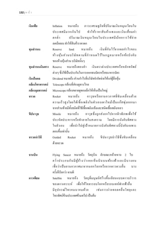 132 | ห น า
เงินเฟอ Inflation หมายถึง ภาวะเศรษฐกิจที่ปริมาณเงินหมุนเวียนใน
ประเทศมีมากเกินไป ทําใหราคาสินคาแพงและเงินเสื่อมคา
ตกต่ํา ปริมาณเงินหมุนเวียนในประเทศมีนอยการใชจาย
ลดนอยลง ทําใหสินคาราคาตก
ทุนสํารอง Reserve fund หมายถึง เงินที่กันไวจากผลกําไรของ
หางหุนสวนบริษัทตามที่กําหนดไวในกฎหมายหรือขอบังคับ
ของหางหุนสวน บริษัทนั้นๆ
ทุนสํารองเงินตรา Reserve หมายถึงทองคํา เงินตราตางประเทศหรือหลักทรัพย
ตางๆ ซึ่งใชเปนประกันในการออกธนบัตรหรือธนาคารบัตร
เงินปนผล Dividend หมายถึง สวนกําไรที่บริษัทจํากัดจายใหแกผูถือหุน
กลองโทรทรรศน Telescope กลองที่สองดูทางไกล
กลองจุลทรรศน Microscope กลองขยายดูของเล็กใหเห็นเปนใหญ
จรวด Rocket หมายถึง อาวุธหรือยานอวกาศที่ขับเคลื่อนดวย
ความเร็วสูงโดยไดเชื้อเพลิงในตัวเองเผาไหมเปนแกสพุงออกมา
จากสวนทายมีทั้งชนิดที่ใชเชื้อเพลิงแข็งและชนิดเชื้อเพลิงเหลว
ขีปนาวุธ Missile หมายถึง อาวุธซึ่งถูกสงอกไปจากผิวพิภพเพื่อใช
ประหัตประหารหรือทําลายในสงคราม โดยมีการบังคับทิศทาง
ในตัวเอง เพื่อนําไปสูเปาหมายการบังคับทิศทางนี้บังคับเฉพาะ
ตอนขึ้นเทานั้น
จรวดนําวิถี Guided Rocket หมายถึง ขีปนาวุธนําวิธีซึ่งขับเคลื่อน
ดวยจรวด
จานบิน Flying Saucer หมายถึง วัตถุบิน ลักษณะคลายจาน 2 ใบ
คว่ําประกบกันมีผูอางวาเคยเห็นบินบนทองฟาและมีบางคน
เชื่อวาเปนยานอวกาศมาจากนอกโลกหรือจากดาวดวงอื่น บาง
ครั้งก็เรียกวา จานผี
ดาวเทียม Satellite หมายถึง วัตถุที่มนุษยสรางขึ้นเลียนแบบดาวบริวาร
ของดาวเคราะห เพื่อใหโคจรรอบโลกหรือรอบเทหฟากฟาอื่น
มีอุปกรณโทรคมนาคมดวย เชนการถายทอดคลื่นวิทยุและ
โทรทัศนขามประเทศขามทวีป เปนตน
 