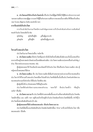 134 | ห น า
ค. ประโยคบอกใหทําหรือประโยคคําสั่ง เปนประโยคที่ผูพูดใชเพื่อใหผูฟงกระทําอาการบางอย
างตามความตองการของผูพูด การบอกใหผูอื่นทําตามความตองการของตนนั้นอาจตองใชวิธีขอรองออน
วอน วิงวอน เชิญชวน บังคับ ออกคําสั่ง ฯลฯ
การเรียงลําดับในประโยค
การเรียงลําดับในภาษาไทยมีความสําคัญมากเพราะถาเรียงลําดับตางกันความสัมพันธ
ของคําในประโยคจะผิดไป เชน
สุนัขกัดงู สุนัขเปนผูทํา งูเปนผูถูกกระทํา
งูกัดสุนัข งูเปนผูทํา สุนัขเปนผูถูกกระทํา
โครงสรางของประโยค
ประโยคในภาษาไทยแบงเปน 3 ชนิด คือ
ก. ประโยคความเดียว คือประโยคที่มุงกลาวถึงสิ่งใดสิ่งหนึ่งเพียงสิ่งเดียวและสิ่งนั้นแสดงกิริยา
อาการหรืออยูในสภาพอยางใดอยางหนึ่งแตเพียงอยางเดียว ประโยคความเดียวแบงออกเปนสวนสําคัญ 2
สวน คือภาคประธานและภาคแสดง เชน
ผูหญิงชอบดอกไม ถึงแมจะมีรายละเอียดเขาไปในประโยค ก็ยังเปนประโยคความเดียว เชน ผู
หญิงคนนั้นชอบดอกไมสวย
ข. ประโยคความซอน คือ ประโยคความเดียวที่เพิ่มสวนขยายภาคประธานหรือภาคแสดงดวย
ประโยค ทําใหโครงสรางของประโยคเปลี่ยนไปแตถาประโยคที่เพิ่มขึ้นนั้นเปนประโยคชวยจํากัดความ
หมายของคําถามหรือคํากริยา ก็เปนประโยคซอน เชน
ผูหญิงที่นั่งขางๆ ฉันชอบดอกไมที่อยูในแจกัน
ประโยคที่ชวยจํากัดความหมายของคํานาม “ดอกไม” คือประโยคที่วา “ที่อยูใน
แจกัน” เปนตน
ค. ประโยคความรวม คือ ประโยคที่มีสวนขยายเพิ่มขึ้นและสวนที่ขยายสัมพันธกับประโยคเดิม
โดยมีคําเชื่อม และ แตถา ฯลฯ อยูขางหนาหรืออยูขางในประโยคเดิมหรือประโยคที่เพิ่มขึ้น ทําใหรูวา
ประโยคทั้งสองสัมพันธกันอยางไร เชน
ผูหญิงชอบดอกไมสวนเด็กชอบของเลน เปนประโยคความรวม
ประโยคที่เพิ่มขึ้นและสัมพันธกับประโยคเดิมโดยมีคําเชื่อม “สวน” มาขางหนาคือประโยค “เด็ก
ชอบของเลน” เปนตน
 