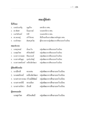 ห น า | 171
คณะผูจัดทํา
ที่ปรึกษา
1. นายประเสริฐ บุญเรือง เลขาธิการ กศน.
2. ดร.ชัยยศ อิ่มสุวรรณ รองเลขาธิการ กศน.
3. นายวัชรินทร จําป รองเลขาธิการ กศน.
4. ดร.ทองอยู แกวไทรฮะ ที่ปรึกษาดานการพัฒนาหลักสูตร กศน.
5. นางรักขณา ตัณฑวุฑโฒ ผูอํานวยการกลุมพัฒนาการศึกษานอกโรงเรียน
คณะทํางาน
1. นายสุรพงษ มั่นมะโน กลุมพัฒนาการศึกษานอกโรงเรียน
2. นายศุภโชค ศรีรัตนศิลป กลุมพัฒนาการศึกษานอกโรงเรียน
3. นางสาววรรณพร ปทมานนท กลุมพัฒนาการศึกษานอกโรงเรียน
4. นางสาวศริญญา กุลประดิษฐ กลุมพัฒนาการศึกษานอกโรงเรียน
5. นางสาวเพชรินทร เหลืองจิตวัฒนา กลุมพัฒนาการศึกษานอกโรงเรียน
ผูพิมพตนฉบับ
1. นางปยวดี คะเนสม กลุมพัฒนาการศึกษานอกโรงเรียน
2. นางเพชรินทร เหลืองจิตวัฒนา กลุมพัฒนาการศึกษานอกโรงเรียน
3. นางสาวกรวรรณ กวีวงษพิพัฒน กลุมพัฒนาการศึกษานอกโรงเรียน
4. นางสาวชาลีนี ธรรมธิษา กลุมพัฒนาการศึกษานอกโรงเรียน
5. นางสาวอริศรา บานชี กลุมพัฒนาการศึกษานอกโรงเรียน
ผูออกแบบปก
นายศุภโชค ศรีรัตนศิลป กลุมพัฒนาการศึกษานอกโรงเรียน
 