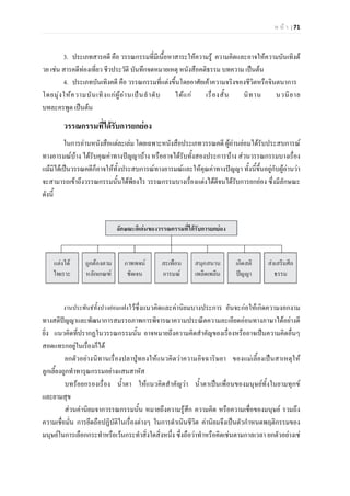 ห น า | 71
3. ประเภทสารคดี คือ วรรณกรรมที่มีเนื้อหาสาระใหความรู ความคิดและอาจใหความบันเทิงด
วย เชน สารคดีทองเที่ยว ชีวประวัติ บันทึกจดหมายเหตุ หนังสือคติธรรม บทความ เปนตน
4. ประเภทบันเทิงคดี คือ วรรณกรรมที่แตงขึ้นโดยอาศัยเคาความจริงของชีวิตหรือจินตนาการ
โดยมุงใหความบันเทิงแกผูอานเปนลําดับ ไดแก เรื่องสั้น นิทาน นวนิยาย
บทละครพูด เปนตน
วรรณกรรมที่ไดรับการยกยอง
ในการอานหนังสือแตละเลม โดยเฉพาะหนังสือประเภทวรรณคดี ผูอานยอมไดรับประสบการณ
ทางอารมณบาง ไดรับคุณคาทางปญญาบาง หรืออาจไดรับทั้งสองประการบาง สวนวรรณกรรมบางเรื่อง
แมมิไดเปนวรรณคดีก็อาจใหทั้งประสบการณทางอารมณและใหคุณคาทางปญญา ทั้งนี้ขึ้นอยูกับผูอานวา
จะสามารถเขาถึงวรรณกรรมนั้นไดพียงไร วรรณกรรมบางเรื่องแตงไดดีจนไดรับการยกยอง ซึ่งมีลักษณะ
ดังนี้
งานประพันธทั้งปวงยอมแฝงไวซึ่งแนวคิดและคานิยมบางประการ อันจะกอใหเกิดความงอกงาม
ทางสติปญญาและพัฒนาการสมรรถภาพการพิจารณาความประณีตความละเอียดออนทางภาษาไดอยางดี
ยิ่ง แนวคิดที่ปรากฏในวรรณกรรมนั้น อาจหมายถึงความคิดสําคัญของเรื่องหรืออาจเปนความคิดอื่นๆ
สอดแทรกอยูในเรื่องก็ได
ยกตัวอยางนิทานเรื่องปลาปูทองใหแนวคิดวาความอิจฉาริษยา ของแมเลี้ยงเปนสาเหตุให
ลูกเลี้ยงถูกทําทารุณกรรมอยางแสนสาหัส
บทรอยกรองเรื่อง น้ําตา ใหแนวคิดสําคัญวา น้ําตาเปนเพื่อนของมนุษยทั้งในยามทุกข
และยามสุข
สวนคานิยมจากวรรณกรรมนั้น หมายถึงความรูสึก ความคิด หรือความเชื่อของมนุษย รวมถึง
ความเชื่อมั่น การยึดถือปฏิบัติในเรื่องตางๆ ในการดําเนินชีวิต คานิยมจึงเปนตัวกําหนดพฤติกรรมของ
มนุษยในการเลือกกระทําหรือเวนกระทําสิ่งใดสิ่งหนึ่ง ซึ่งถือวาทําหรือคิดเชนตามกาลเวลา ยกตัวอยางเช
 