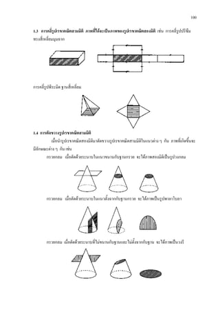100
1.3 การคลี่รูปเรขาคณิตสามมิติ ภาพที่ไดจะเปนภาพของรูปเรขาคณิตสองมิติ เชน การคลี่รูปปริซึม
ทรงสี่เหลี่ยมมุมฉาก
การคลี่รูปพีระมิด ฐานสี่เหลี่ยม
1.4 การตัดขวางรูปเรขาคณิตสามมิติ
เมื่อนํารูปเรขาคณิตสองมิติมาตัดขวางรูปเรขาคณิตสามมิติในแนวตาง ๆ กัน ภาพที่เกิดขึ้นจะ
มีลักษณะตาง ๆ กัน เชน
กรวยกลม เมื่อตัดดวยระนาบในแนวขนานกับฐานกรวย จะไดภาพสองมิติเปนรูปวงกลม
กรวยกลม เมื่อตัดดวยระนาบในแนวตั้งฉากกับฐานกรวย จะไดภาพเปนรูปพาลาโบลา
กรวยกลม เมื่อตัดดวยระนาบที่ไมขนานกับฐานและไมตั้งฉากกับฐาน จะไดภาพเปนวงรี
 