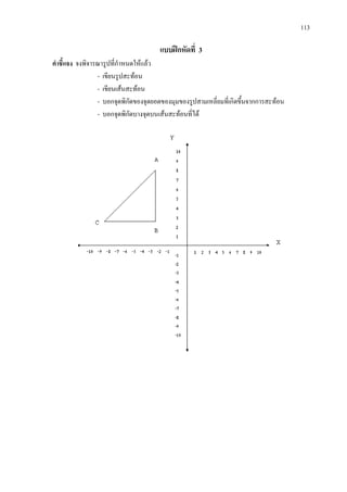 113
แบบฝกหัดที่ 3
คําชี้แจง จงพิจารณารูปที่กําหนดใหแลว
- เขียนรูปสะทอน
- เขียนเสนสะทอน
- บอกจุดพิกัดของจุดยอดของมุมของรูปสามเหลี่ยมที่เกิดขึ้นจากการสะทอน
- บอกจุดพิกัดบางจุดบนเสนสะทอนที่ได
 