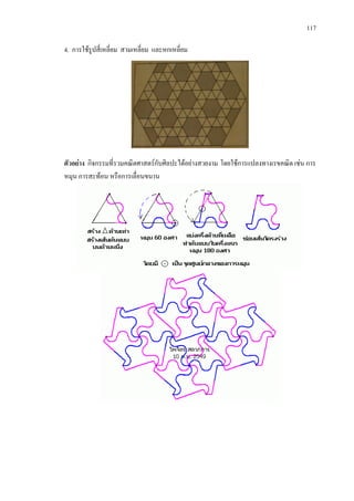 117
4. การใชรูปสี่เหลี่ยม สามเหลี่ยม และหกเหลี่ยม
ตัวอยาง กิจกรรมที่รวมคณิตศาสตรกับศิลปะไดอยางสวยงาม โดยใชการแปลงทางเรขคณิต เชน การ
หมุน การสะทอน หรือการเลื่อนขนาน
 