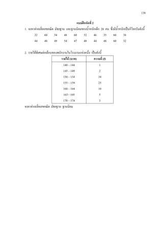 138
แบบฝกหัดที่ 2
1. จงหาคาเฉลี่ยเลขคณิต มัธยฐาน และฐานนิยมของน้ําหนักเด็ก 20 คน ซึ่งมีน้ําหนักเปนกิโลกรัมดังนี้
32 60 54 48 60 52 46 35 60 38
44 48 49 54 47 48 44 48 60 32
2. รายไดพิเศษตอเดือนของพนักงานในโรงงานแหงหนึ่ง เปนดังนี้
รายได (บาท) ความถี่ (f)
140 – 144
145 – 149
150 – 154
155 – 159
160 – 164
165 - 169
170 – 174
1
2
34
25
10
5
3
จงหาคาเฉลี่ยเลขคณิต มัธยฐาน ฐานนิยม
 