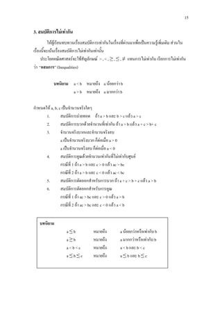 15
3. สมบัติการไมเทากัน
ใหผูเรียนทบทวนเรื่องสมบัติการเทากันในเรื่องที่ผานมาเพื่อเปนความรูเพิ่มเติม สวนใน
เรื่องนี้จะเนนเรื่องสมบัติการไมเทากันเทานั้น
ประโยคคณิตศาสตรจะใชสัญลักษณ > , < , ≥ , ≤ , ≠ แทนการไมเทากัน เรียกการไมเทากัน
วา “อสมการ” (Inequalities)
บทนิยาม a < b หมายถึง a นอยกวา b
a > b หมายถึง a มากกวา b
กําหนดให a, b, c เปนจํานวนจริงใดๆ
1. สมบัติการถายทอด ถา a > b และ b > c แลว a > c
2. สมบัติการบวกดวยจํานวนที่เทากัน ถา a > b แลว a + c > b+ c
3. จํานวนจริงบวกและจํานวนจริงลบ
a เปนจํานวนจริงบวก ก็ตอเมื่อ a > 0
a เปนจํานวนจริงลบ ก็ตอเมื่อ a < 0
4. สมบัติการคูณดวยจํานวนเทากันที่ไมเทากับศูนย
กรณีที่ 1 ถา a > b และ c > 0 แลว ac > bc
กรณีที่ 2 ถา a > b และ c < 0 แลว ac < bc
5. สมบัติการตัดออกสําหรับการบวก ถา a + c > b + c แลว a > b
6. สมบัติการตัดออกสําหรับการคูณ
กรณีที่ 1 ถา ac > bc และ c > 0 แลว a > b
กรณีที่ 2 ถา ac > bc และ c < 0 แลว a < b
บทนิยาม
a ≤ b หมายถึง a นอยกวาหรือเทากับ b
a ≥ b หมายถึง a มากกวาหรือเทากับ b
a < b < c หมายถึง a < b และ b < c
a ≤ b ≤ c หมายถึง a ≤ b และ b ≤ c
 