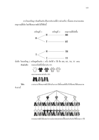 153
การโยนเหรียญ 2 อันพรอมกัน เปนการทํางานที่มี 2 อยางหรือ 2 ขั้นตอน สามารถแสดง
เหตุการณที่เกิด โดยใชแผนภาพตนไมไดดังนี้
เหรียญที่ 1 เหรียญที่ 2 เหตุการณที่เกิดขึ้น
นั่นคือ โยนเหรียญ 2 เหรียญพรอมกัน 1 ครั้ง เกิดได 4 วิธี คือ HH, HT, TH, TT ตอบ
ตัวอยางที 2 ชายคนหนึ่งมีเสื้อเชิ้ตตางกัน 5 ตัว
และกางเกงขายาวตางกัน 3 ตัว
วิธีทํา เราสามารถใชแผนภาพตนไมชวยในการหาวิธีทั้งหมดที่เปนไปไดแสดงไดดังแผนภาพ
ขางลางนี้
จากแผนภาพตนไมจะพบวาการแตงกายของชายคนนี้ที่แตกตางกันนับไดทั้งหมด 15 วิธี
 