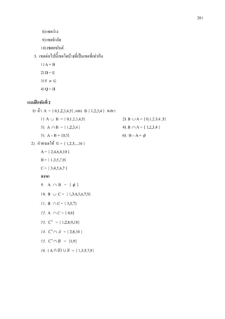 201
8) เซตวาง
9) เซตจํากัด
10) เซตอนันต
5. เซตตอไปนี้เซตใดบางที่เปนเซตที่เทากัน
1) A = B
2) D = E
3) F ≠ G
4) Q = H
แบบฝกหัดที่ 2
1) ถา A = { 0,1,2,3,4,5}, และ B { 1,2,3,4 } จงหา
1) A ∪ B = { 0,1,2,3,4,5} 2). B ∪ A = { 0,1,2,3,4 ,5}
3). A ∩ B = { 1,2,3,4 } 4). B ∩ A = { 1,2,3,4 }
5). A – B = {0,5} 6). B – A = φ
2). กําหนดให U = { 1,2,3,..,10 }
A = { 2,4,6,8,10 }
B = { 1,3,5,7,9}
C = { 3,4,5,6,7 }
จงหา
9. A ∩ B = { φ }
10. B ∪ C = { 1,3,4,5,6,7,9}
11. B ∩ C = { 3,5,7}
12. A ∩ C = { 4,6}
13. C′ = { 1,2,8,9,10}
14. AC ∩′ = { 2,8,10 }
15. BC ∩′ = {1,9}
16. ( A = { 1,3,5,7,9}
 