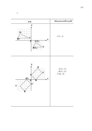 224
3.
A(-
B(- C
A/
(2,-
B/
(1,- C
X
Y
0
A/
B/
D/
(-
D
C/
C
X
Y
0
A
B
ภาพ พิกัดของตําแหนงที่กําหนดให
3)-,5(C′
)3-,5-(A′
)5-,3-(B′
2)-,0(C′
 