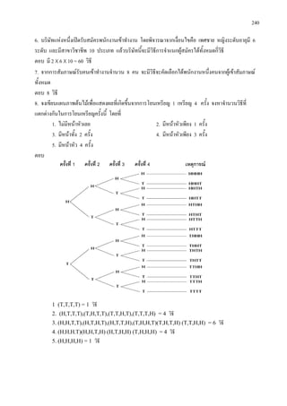240
6. บริษัทแหงหนึ่งเปดรับสมัครพนักงานเขาทํางาน โดยพิจารณาจากเงื่อนไขคือ เพศชาย หญิงระดับอายุมี 6
ระดับ และมีสาขาวิชาชีพ 10 ประเภท แลวบริษัทนี้จะมีวิธีการจําแนกผูสมัครไดทั้งหมดกี่วิธี
ตอบ มี 2 X 6 X 10 = 60 วิธี
7. จากการสัมภาษณรับคนเขาทํางานจํานวน 8 คน จะมีวิธีจะคัดเลือกไดพนักงานหนึ่งคนจากผูเขาสัมภาษณ
ทั้งหมด
ตอบ 8 วิธี
8. จงเขียนแผนภาพตนไมเพื่อแสดงผลที่เกิดขึ้นจากการโยนเหรียญ 1 เหรียญ 4 ครั้ง จงหาจํานวนวิธีที่
แตกตางกันในการโยนเหรียญครั้งนี้ โดยที่
1. ไมมีหนาหัวเลย 2. มีหนาหัวเพียง 1 ครั้ง
3. มีหนาทั้ง 2 ครั้ง 4. มีหนาหัวเพียง 3 ครั้ง
5. มีหนาหัว 4 ครั้ง
ตอบ
1 (T,T,T,T) = 1 วิธี
2. (H,T,T,T),(T,H,T,T),(T,T,H,T),(T,T,T,H) = 4 วิธี
3. (H,H,T,T),(H,T,H,T),(H,T,T,H),(T,H,H,T)(T,H,T,H) (T,T,H,H) = 6 วิธี
4. (H,H,H,T)(H,H,T,H) (H,T,H,H) (T,H,H,H) = 4 วิธี
5. (H,H,H,H) = 1 วิธี
ครั้งที่ 1 ครั้งที่ 2 ครั้งที่ 3 ครั้งที่ 4 เหตุการณ
 
