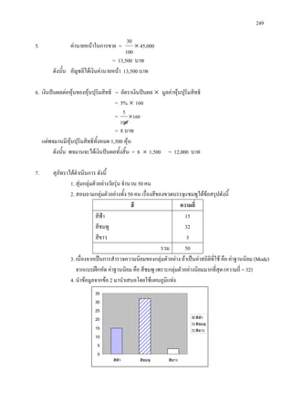 249
5. คานายหนาในการขาย = 45,000
100
30
×
= 13,500 บาท
ดังนั้น อัญชลีไดเงินคานายหนา 13,500 บาท
6. เงินปนผลตอหุนของหุนปุริมสิทธิ = อัตราเงินปนผล × มูลคาหุนปุริมสิทธิ
= 5% × 160
= 160
100
5
×
= 8 บาท
แตพจมานมีหุนปุริมสิทธิทั้งหมด 1,500 หุน
ดังนั้น พจมานจะไดเงินปนผลทั้งสิ้น = 8 × 1,500 = 12,000 บาท
7. สุภัทราไดดําเนินการ ดังนี้
1. สุมกลุมตัวอยางวัยรุน จํานวน 50 คน
2. สอบถามกลุมตัวอยางทั้ง 50 คน เรื่องสีของขวดบรรจุแชมพูไดขอสรุปดังนี้
สี ความถี่
สีฟา
สีชมพู
สีขาว
15
32
3
รวม 50
3. เนื่องจากเปนการสํารวจความนิยมของกลุมตัวอยาง ถาเปนคาสถิติที่ใช คือ คาฐานนิยม (Mode)
จากแบบฝกหัด คาฐานนิยม คือ สีชมพู เพราะกลุมตัวอยางนิยมมากที่สุด (ความถี่ = 32)
4. นําขอมูลจากขอ 2 มานําเสนอโดยใชแผนภูมิแทง
0
5
10
15
20
25
30
35
สีฟา สีชมพู สีขาว
สีฟา
สีชมพู
สีขาว
 