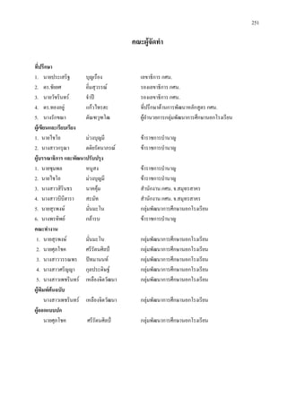 251
คณะผูจัดทํา
ที่ปรึกษา
1. นายประเสริฐ บุญเรือง เลขาธิการ กศน.
2. ดร.ชัยยศ อิ่มสุวรรณ รองเลขาธิการ กศน.
3. นายวัชรินทร จําป รองเลขาธิการ กศน.
4. ดร.ทองอยู แกวไทรฮะ ที่ปรึกษาดานการพัฒนาหลักสูตร กศน.
5. นางรักขณา ตัณฑวุฑโฒ ผูอํานวยการกลุมพัฒนาการศึกษานอกโรงเรียน
ผูเขียนและเรียบเรียง
1. นายไชโย มวงบุญมี ขาราชการบํานาญ
2. นางสาวกรุณา ตติยรัตนาภรณ ขาราชการบํานาญ
ผูบรรณาธิการ และพัฒนาปรับปรุง
1. นายชุมพล หนูสง ขาราชการบํานาญ
2. นายไชโย มวงบุญมี ขาราชการบํานาญ
3. นางสาวสิรินธร นาคคุม สํานักงาน กศน. จ.สมุทรสาคร
4. นางสาวบีบีฮารา สะมัท สํานักงาน กศน. จ.สมุทรสาคร
5. นายสุรพงษ มั่นมะโน กลุมพัฒนาการศึกษานอกโรงเรียน
6. นางพรทิพย กลารบ ขาราชการบํานาญ
คณะทํางาน
1. นายสุรพงษ มั่นมะโน กลุมพัฒนาการศึกษานอกโรงเรียน
2. นายศุภโชค ศรีรัตนศิลป กลุมพัฒนาการศึกษานอกโรงเรียน
3. นางสาววรรณพร ปทมานนท กลุมพัฒนาการศึกษานอกโรงเรียน
4. นางสาวศริญญา กุลประดิษฐ กลุมพัฒนาการศึกษานอกโรงเรียน
5. นางสาวเพชรินทร เหลืองจิตวัฒนา กลุมพัฒนาการศึกษานอกโรงเรียน
ผูพิมพตนฉบับ
นางสาวเพชรินทร เหลืองจิตวัฒนา กลุมพัฒนาการศึกษานอกโรงเรียน
ผูออกแบบปก
นายศุภโชค ศรีรัตนศิลป กลุมพัฒนาการศึกษานอกโรงเรียน
 