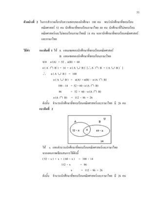 53
ตัวอยางที่ 2 ในการสํารวจเกี่ยวกับความชอบของนักศึกษา 100 คน พบวานักศึกษาที่ชอบเรียน
คณิตศาสตร 52 คน นักศึกษาที่ชอบเรียนภาษาไทย 60 คน นักศึกษาที่ไมชอบเรียน
คณิตศาสตรและไมชอบเรียนภาษาไทยมี 14 คน จงหานักศึกษาที่ชอบเรียนคณิตศาสตร
และภาษาไทย
วิธีทํา แนวคิดที่ 1 ให A แทนเซตของนักศึกษาที่ชอบเรียนคณิตศาสตร
B แทนเซตของนักศึกษาที่ชอบเรียนภาษาไทย
จาก n (A) = 52 , n(B) = 60
n ( A/
∩ B/
) = 14 = n ( A ∪ B )/
[∴A/
∩ B/
= ( A ∪ B ) /
]
∴ n ( A ∪ B ) = 100
n ( A ∪ B ) = n(A) + n(B) - n (A ∩ B)
100 – 14 = 52 + 60 - n (A ∩ B)
86 = 52 + 60 - n (A ∩ B)
n (A ∩ B) = 112 - 86 = 26
ดังนั้น จํานวนนักศึกษาที่ชอบเรียนคณิตศาสตรและภาษาไทย มี 26 คน
แนวคิดที่ 2
ให x แทนจํานวนนักศึกษาที่ชอบเรียนคณิตศาสตรและภาษาไทย
จากแผนภาพเขียนสมการไดดังนี้
( 52 - x ) + x + ( 60 - x ) = 100 - 14
112 - x = 86
x = 112 - 86 = 26
ดังนั้น จํานวนนักศึกษาที่ชอบเรียนคณิตศาสตรและภาษาไทย มี 26 คน
 