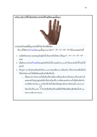 84
เกร็ดความรู การใชนิ้วมือชวยในการจําคาตรีโกณมิติของมุมพื้นฐาน
การจําคาตรีโกณมิติพื้นฐานโดยใชนิ้วมือ ตองใชมือซาย
วิธีการนี้ใชจําคาตรีโกณมิติของมุมพื้นฐานกลาวคือ มีขั้นตอนดังตอไปนี้
1. แบมือซายออกมา มองเลขมุมจับคูกับนิ้วเรียงจากซายไปขวา เปนมุม
องศา
2. เมื่อตองการหาคาตรีโกณมิติของมุมใดใหงอนิ้วนั้น สมมติวาหา cos ก็จะตรงกับนิ้วชี้ ก็งอนิ้วชี้
เก็บไว
3. ถือกฎวา "sin-ซาย(ออกเสียงคลายกัน) cos-ขวา(ออกเสียง /k/ เหมือนกัน)" เมื่อหาคาของฟงกชันใด
ใหสนใจจํานวนนิ้วมือฝงที่สอดคลองกับฟงกชันนั้น
o เพื่อจะหาคา นําจํานวนนิ้วมือดานที่สนใจติดรากที่สองแลวหารดวยสอง (หรืออาจจําวามี
เลขสองตัวใหญๆอยูบนฝามือ เมื่ออานก็จะเปน รากที่สองของจํานวนนิ้วมือดานที่สนใจ
หารฝามือ) สําหรับ cos 30 ก็จะไดวามีนิ้วมือเหลืออยูทางดานขวาอีกสามนิ้ว (กลาง นาง
กอย) ก็จะได cos30= สําหรับฟงกชันตรีโกณมิติอื่นก็ใชสมบัติของฟงกชันนั้นกับ sin
และ cos เชน tan=sin/cos
 