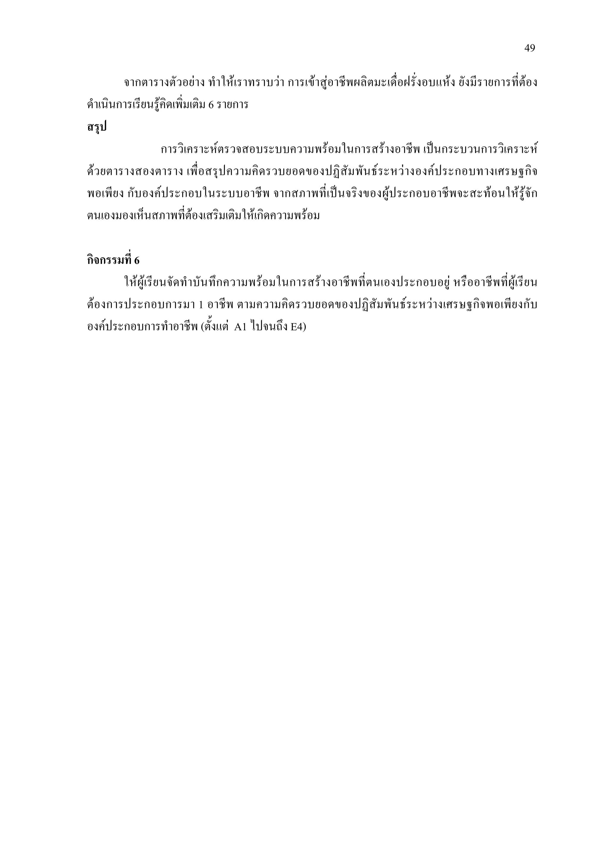 49
จากตารางตัวอยาง ทําใหเราทราบวา การเขาสูอาชีพผลิตมะเดื่อฝรั่งอบแหง ยังมีรายการที่ตอง
ดําเนินการเรียนรูคิดเพิ่มเติม 6 รายการ
สรุป
การวิเคราะหตรวจสอบระบบความพรอมในการสรางอาชีพ เปนกระบวนการวิเคราะห
ดวยตารางสองตาราง เพื่อสรุปความคิดรวบยอดของปฏิสัมพันธระหวางองคประกอบทางเศรษฐกิจ
พอเพียง กับองคประกอบในระบบอาชีพ จากสภาพที่เปนจริงของผูประกอบอาชีพจะสะทอนใหรูจัก
ตนเองมองเห็นสภาพที่ตองเสริมเติมใหเกิดความพรอม
กิจกรรมที่ 6
ใหผูเรียนจัดทําบันทึกความพรอมในการสรางอาชีพที่ตนเองประกอบอยู หรืออาชีพที่ผูเรียน
ตองการประกอบการมา 1 อาชีพ ตามความคิดรวบยอดของปฏิสัมพันธระหวางเศรษฐกิจพอเพียงกับ
องคประกอบการทําอาชีพ (ตั้งแต A1 ไปจนถึง E4)
 