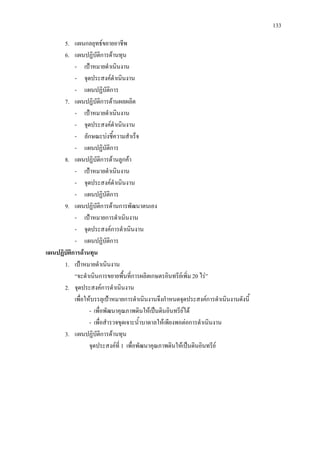 133
5. แผนกลยุทธขยายอาชีพ
6. แผนปฏิบัติการดานทุน
- เปาหมายดําเนินงาน
- จุดประสงคดําเนินงาน
- แผนปฏิบัติการ
7. แผนปฏิบัติการดานผลผลิต
- เปาหมายดําเนินงาน
- จุดประสงคดําเนินงาน
- ลักษณะบงชี้ความสําเร็จ
- แผนปฏิบัติการ
8. แผนปฏิบัติการดานลูกคา
- เปาหมายดําเนินงาน
- จุดประสงคดําเนินงาน
- แผนปฏิบัติการ
9. แผนปฏิบัติการดานการพัฒนาตนเอง
- เปาหมายการดําเนินงาน
- จุดประสงคการดําเนินงาน
- แผนปฏิบัติการ
แผนปฏิบัติการดานทุน
1. เปาหมายดําเนินงาน
“จะดําเนินการขยายพื้นที่การผลิตเกษตรอินทรียเพิ่ม 20 ไร”
2. จุดประสงคการดําเนินงาน
เพื่อใหบรรลุเปาหมายการดําเนินงานจึงกําหนดจุดประสงคการดําเนินงานดังนี้
- เพื่อพัฒนาคุณภาพดินใหเปนดินอินทรียได
- เพื่อสํารวจขุดเจาะน้ําบาดาลใหเพียงพอตอการดําเนินงาน
3. แผนปฏิบัติการดานทุน
จุดประสงคที่ 1 เพื่อพัฒนาคุณภาพดินใหเปนดินอินทรีย
 