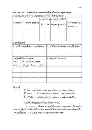 148
เอกสารหมายเลข 24 แบบบันทึกผลการตรวจสอบหาขอบกพรองและสรุปผลขอบกพรอง
1. เอกสารบันทึกผลการตรวจหาขอบกพรอง เกษตรอินทรียไรทนเหนื่อย ลพบุรี
2. รายการตรวจ 3. เกณฑการพิจารณา
4.ผลการตรวจ 5. ปรากฏการณเกี่ยวของ
ถูก ผิด ขอมูลจากผูรับผิดชอบ
ขอมูลจากการสังเกต
ในแปลงเกษตร
6. สรุปขอบกพรอง
6.1 สรุปขอบกพรองเนื่องมาจากแผนปฏิบัติการ 6.2 สรุปขอบกพรองเนื่องมาจากบุคคลผูรับผิดชอบ
7. ผลการประเมินขอบกพรอง 8. แนวทางแกไขขอบกพรอง
รายการ
ตรวจ
ผลการประเมิน ขอบกพรอง
รายแรงมาก รายแรง แกไขได
หมายเหตุ
 รายแรงมาก = ไมเกิดผลตามที่กําหนดและไมทํางานตามกิจกรรมขั้นตอน
 รายแรง = ไมเกิดผลตามที่กําหนด และทําตามกิจกรรมขั้นตอนไมครบ
 แกไขได = ไมเกิดผลตามที่กําหนด แตทําตามกิจกรรมขั้นตอนครบถวน
4. ปฏิบัติการตรวจสอบการดําเนินงานขยายอาชีพ ดังนี้
4.1 นําเอกสารบันทึกผลการตรวจมาจัดทํารายการตรวจและเกณฑการพิจารณาดวย
การเอาแผนปฏิบัติการมาพิจารณาวา การจะตรวจสอบครั้งนี้จะตรวจสอบภารกิจและผลที่เกิดอะไรบาง
โดยนําผลที่เกิดมาบรรจุลงมาในชองรายการตรวจแลวกําหนดเกณฑการตรวจ
 