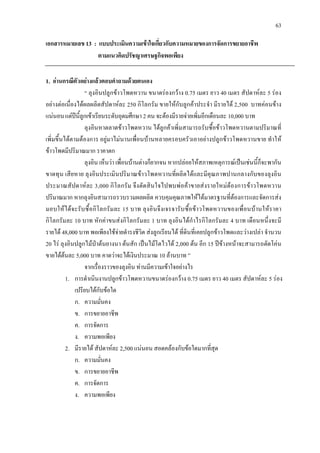 63
เอกสารหมายเลข 13 : แบบประเมินความเขาใจเกี่ยวกับความหมายของการจัดการขยายอาชีพ
ตามแนวคิดปรัชญาเศรษฐกิจพอเพียง
1. อานกรณีตัวอยางแลวตอบคําถามดวยตนเอง
“ ลุงอินปลูกขาวโพดหวาน ขนาดรองกวาง 0.75 เมตร ยาว 40 เมตร สัปดาหละ 5 รอง
อยางตอเนื่องไดผลผลิตสัปดาหละ 250 กิโลกรัม ขายใหกับลูกคาประจํา มีรายได 2,500 บาทคอนขาง
แนนอนแตปนี้ลูกเขาเรียนระดับอุดมศึกษา 2 คน จะตองมีรายจายเพิ่มอีกเดือนละ 10,000 บาท
ลุงอินหาตลาดขาวโพดหวาน ไดลูกคาเพิ่มสามารถรับซื้อขาวโพดหวานตามปริมาณที่
เพิ่มขึ้นไดตามตองการ อยูมาไมนานเพื่อนบานหลายครอบครัวเอาอยางปลูกขาวโพดหวานขาย ทําให
ขาวโพดมีปริมาณมาก ราคาตก
ลุงอิน เห็นวา เพื่อนบานตางก็ยากจน หากปลอยใหสภาพเหตุการณเปนเชนนี้ก็จะพากัน
ขาดทุน เสียหาย ลุงอินประเมินปริมาณขาวโพดหวานที่ผลิตไดและมีคุณภาพปานกลางกับของลุงอิน
ประมาณสัปดาหละ 3,000 กิโลกรัม จึงตัดสินใจไปพบพอคาขายสงรายใหมตองการขาวโพดหวาน
ปริมาณมาก หากลุงอินสามารถรวบรวมผลผลิต ควบคุมคุณภาพใหไดมาตรฐานที่ตองการและจัดการสง
มอบใหไดจะรับซื้อกิโลกรัมละ 15 บาท ลุงอินจึงเจรจารับซื้อขาวโพดหวานของเพื่อนบานใหราคา
กิโลกรัมละ 10 บาท หักคาขนสงกิโลกรัมละ 1 บาท ลุงอินไดกําไรกิโลกรัมละ 4 บาท เดือนหนึ่งจะมี
รายได 48,000 บาท พอเพียงใชจายดํารงชีวิต สงลูกเรียนได ที่ดินที่เคยปลูกขาวโพดและวางเปลา จํานวน
20 ไร ลุงอินปลูกไมปาตนยางนา ตนสัก เปนไมโตไวได 2,000 ตน อีก 15 ปขางหนาจะสามารถตัดโคน
ขายไดตนละ 5,000 บาท คาดวาจะไดเงินประมาณ 10 ลานบาท ”
จากเรื่องราวของลุงอิน ทานมีความเขาใจอยางไร
1. การดําเนินงานปลูกขาวโพดหวานขนาดรองกวาง 0.75 เมตร ยาว 40 เมตร สัปดาหละ 5 รอง
เปรียบไดกับขอใด
ก. ความมั่นคง
ข. การขยายอาชีพ
ค. การจัดการ
ง. ความพอเพียง
2. มีรายได สัปดาหละ 2,500 แนนอน สอดคลองกับขอใดมากที่สุด
ก. ความมั่นคง
ข. การขยายอาชีพ
ค. การจัดการ
ง. ความพอเพียง
 
