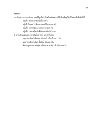63
กิจกรรม
1.แบงกลุมๆละ5คนทํา mymapใหผูแลวเขาใจพรอมทั้งรายงานใหเพื่อนฟง/ดูใหเขาใจตามหัวขอตอไปนี้
กลุมที่ 1สารอาหารทําหนาที่อะไรบาง
กลุมที่ 2โรคจากโปรตีนและแคลอรีมีอาการอยางไร
กลุมที่ 3โรคขาดธาตุไอโอดีนมีอาการอยางไร
กลุมที่ 4โรคขาดวิตามินซีมีผลอยางไรกับรางกาย
2.ใหนักศึกษาเขียนเมนูอาหารดังนี้แลวรายงานหนาชั้นเรียน
เมนูอาหารสําหรับเด็กกอนวัยเรียนทั้ง3มื้อ เปนเวลา3วัน
เมนูอาหารสําหรับผูชราทั้ง 3มื้อ เปนเวลา3วัน
เขียนเมนูอาหารสําหรับผูปวยโรคเบาหวานทั้ง 3มื้อ เปนเวลา3วัน
 
