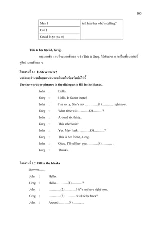 100
May I tell him/her who’s calling?
Can I
Could I(สุภาพมาก)
This is his friend, Greg.
การบอกชื่อ แทนที่จะบอกชื่อเฉย ๆ วา This is Greg.ก็มีคํามาขยายวา เปนเพื่อนอยางนี้
ดูดีกวาบอกชื่อเฉย ๆ
กิจกรรมที่ 1.1 Is Steve there?
นําคําและสํานวนในบทสนทนามาเติมลงในชองวางตอไปนี้
Use the words or phrases in the dialogue to fill in the blanks.
John : Hello.
Greg : Hello. Is Suzan there?
John : I’m sorry, She’s not …………(1)……….. right now.
Greg : What time will ……….(2)………?
John : Around six thirty.
Greg : This afternoon?
John : Yes. May I ask ………..(3)……….?
Greg : This is her friend, Greg.
John : Okay. I’ll tell her you ……….(4)………. .
Greg : Thanks.
กิจกรรมที่ 1.2 Fill in the blanks
Rrrrrrrr……
John : Hello.
Greg : Hello. ……….(1)..…..….?
John : ……..….(2)…….…. He’s not here right now.
Greg : ……..….(3)……….. will he be back?
John : Around ………(4)………..
 