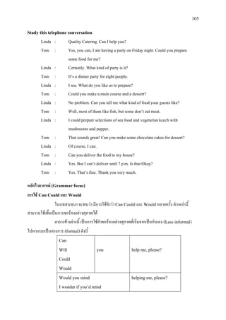 105
Study this telephone conversation
Linda : Quality Catering. Can I help you?
Tom : Yes, you can, I am having a party on Friday night. Could you prepare
some food for me?
Linda : Certainly. What kind of party is it?
Tom : It’s a dinner party for eight people.
Linda : I see. What do you like us to prepare?
Tom : Could you make a main course and a dessert?
Linda : No problem. Can you tell me what kind of food your guests like?
Tom : Well, most of them like fish, but some don’t eat meat.
Linda : I could prepare selections of sea food and vegetarian keech with
mushrooms and pepper.
Tom : That sounds great! Can you make some chocolate cakes for dessert?
Linda : Of course, I can.
Tom : Can you deliver the food to my house?
Linda : Yes. But I can’t deliver until 7 p.m. Is that Okay?
Tom : Yes. That’s fine. Thank you very much.
หลักไวยากรณ (Grammar focus)
การใช Can Could และ Would
ในบทสนทนา จะพบวา มีการใชคําวา Can Couldและ Wouldหลายครั้ง คําเหลานี้
สามารถใชเพื่อเปนการขอรองอยางสุภาพได
ตารางขางลางนี้ เปนการใชคําขอรองอยางสุภาพที่เริ่มจากเปนกันเอง (Less informal)
ไปหาแบบเปนทางการ (formal)ดังนี้
Can
Will
Could
Would
you help me, please?
Would you mind
I wonder if you’d mind
helping me, please?
 