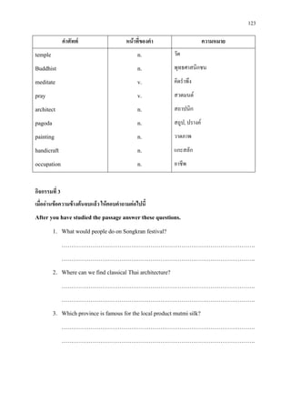 123
คําศัพท หนาที่ของคํา ความหมาย
temple
Buddhist
meditate
pray
architect
pagoda
painting
handicraft
occupation
n.
n.
v.
v.
n.
n.
n.
n.
n.
วัด
พุทธศาสนิกชน
คิดรําพึง
สวดมนต
สถาปนิก
สถูป, ปรางค
วาดภาพ
แกะสลัก
อาชีพ
กิจกรรมที่ 3
เมื่ออานขอความขางตนจบแลว ใหตอบคําถามตอไปนี้
After you have studied the passage answer these questions.
1. What would people do on Songkran festival?
……………………………………………………………………………………….
……………………………………………………………………………………….
2. Where can we find classical Thai architecture?
……………………………………………………………………………………….
……………………………………………………………………………………….
3. Which province is famous for the local product mutmi silk?
……………………………………………………………………………………….
……………………………………………………………………………………….
 