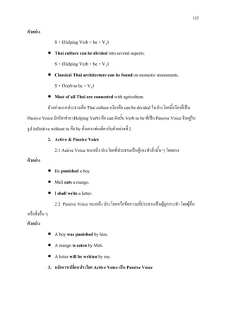125
ตัวอยาง
S + (Helping Verb + be + V3
• Thai culture can be divided into several aspects.
)
S + (Helping Verb + be + V3
• Classical Thai architecture can be found on monastic monuments.
)
S + (Verb to be + V3
• Most of all Thai are connected with agriculture.
)
ตัวอยางแรกประธานคือ Thai culture กริยาคือ can be divided ในประโยคนี้กริยาที่เปน
Passive Voice มีกริยาชวย (Helping Verb) คือ can ดังนั้น Verb to be ที่เปน Passive Voice จึงอยูใน
รูป infinitive without to คือ be นั่นเอง เชนเดียวกับตัวอยางที่ 2
2. Active & Passive Voice
2.1 Active Voice หมายถึง ประโยคที่ประธานเปนผูกระทําสิ่งนั้น ๆ โดยตรง
ตัวอยาง
• He punished a boy.
• Mali eats a mango.
• I shall write a letter.
2.2 Passive Voice หมายถึง ประโยคหรือขอความที่ประธานเปนผูถูกกระทํา โดยผูอื่น
หรือสิ่งอื่น ๆ
ตัวอยาง
• A boy was punished by him.
• A mango is eaten by Mali.
• A letter will be written by me.
3. หลักการเปลี่ยนประโยค Active Voice เปน Passive Voice
 
