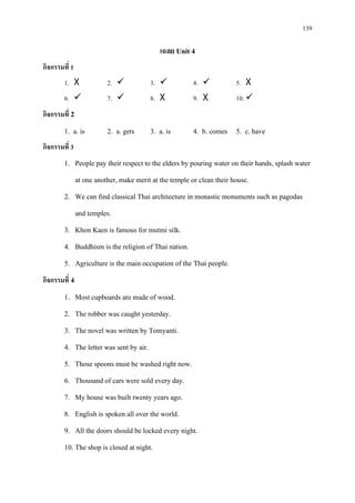 139
เฉลย Unit 4
กิจกรรมที่ 1
1. X 2.  3.  4.  5. X
6.  7.  8. X 9. X 10. 
กิจกรรมที่ 2
1. a. is 2. a. gets 3. a. is 4. b. comes 5. c. have
กิจกรรมที่ 3
1. People pay their respect to the elders by pouring water on their hands, splash water
at one another, make merit at the temple or clean their house.
2. We can find classical Thai architecture in monastic monuments such as pagodas
and temples.
3. Khon Kaen is famous for mutmi silk.
4. Buddhism is the religion of Thai nation.
5. Agriculture is the main occupation of the Thai people.
กิจกรรมที่ 4
1. Most cupboards are made of wood.
2. The robber was caught yesterday.
3. The novel was written by Tomyanti.
4. The letter was sent by air.
5. Those spoons must be washed right now.
6. Thousand of cars were sold every day.
7. My house was built twenty years ago.
8. English is spoken all over the world.
9. All the doors should be locked every night.
10. The shop is closed at night.
 