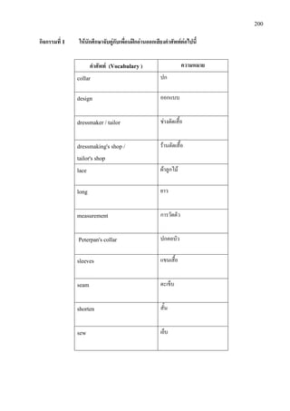 200
กิจกรรมที่ 1 ใหนักศึกษาจับคูกับเพื่อนฝกอานออกเสียงคําศัพทตอไปนี้
คําศัพท (Vocabulary ) ความหมาย
collar ปก
design ออกแบบ
dressmaker / tailor ชางตัดเสื้อ
dressmaking's shop /
tailor's shop
รานตัดเสื้อ
lace ผาลูกไม
long ยาว
measurement การวัดตัว
Peterpan's collar ปกคอบัว
sleeves แขนเสื้อ
seam ตะเข็บ
shorten สั้น
sew เย็บ
 