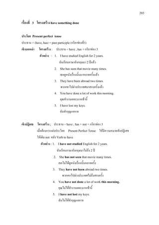 203
เรื่องที่ 3 โครงสราง have something done
ประโยค Present perfect tense
ประธาน + (have, has) + past participle (กริยาชองที่3)
เชิงบอกเลา โครงสราง : ประธาน + have , has + กริยาชอง 3
ตัวอยาง : 1. I have studied English for 2 years.
ฉันเรียนภาษาอังกฤษมา 2 ปแลว
2. She has seen
เธอดูหนังเรื่องนั้นมาหลายครั้งแลว
that movie many times.
3. They have been abroad two times.
พวกเขาไปตางประเทศมาสองครั้งแลว
4. You have done a lot of work this morning.
คุณทํางานเยอะมากเชานี้
5. I have lost my keys.
ฉันทํากุญแจหาย
เชิงปฏิเสธ โครงสราง : ประธาน + have , has + not + กริยาชอง 3
เมื่อตองการแตงประโยค Present Perfect Tense ใหมีความหมายเชิงปฏิเสธ
ใหเติม not หลัง Verb to have
ตัวอยาง : 1. I have not studied English for 2 years.
ฉันเรียนภาษาอังกฤษมาไมถึง 2 ป
2. She has not seen
เธอไมไดดูหนังเรื่องนั้นหลายครั้ง
that movie many times.
3. They have not been abroad two times.
พวกเขาไปตางประเทศไมถึงสองครั้ง
4. You have not done a lot of work this morning.
คุณไมไดทํางานเยอะมากเชานี้
5. I have not lost my keys.
ฉันไมไดทํากุญแจหาย
 