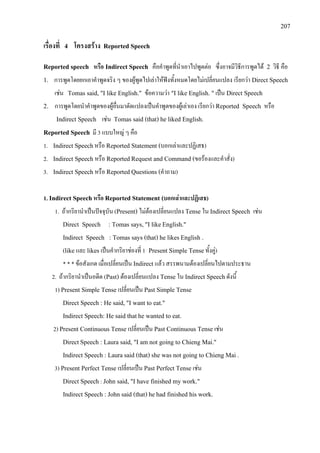 207
เรื่องที่ 4 โครงสราง Reported Speech
Reported speech หรือ Indirect Speech คือคําพูดที่นําเอาไปพูดตอ ซึ่งอาจมีวิธีการพูดได 2 วิธี คือ
1. การพูดโดยยกเอาคําพูดจริง ๆ ของผูพูดไปเลาใหฟงทั้งหมดโดยไมเปลี่ยนแปลง เรียกวา Direct Speech
เชน Tomas said, "I like English." ขอความวา "I like English. " เปน Direct Speech
2. การพูดโดยนําคําพูดของผูอื่นมาดัดแปลงเปนคําพูดของผูเลาเอง เรียกวา Reported Speech หรือ
Indirect Speech เชน Tomas said (that) he liked English.
Reported Speech มี 3 แบบใหญ ๆ คือ
1. Indirect Speechหรือ Reported Statement (บอกเลาและปฏิเสธ)
2. Indirect Speech หรือ ReportedRequest and Command (ขอรองและคําสั่ง)
3. Indirect Speech หรือ ReportedQuestions (คําถาม)
1. Indirect Speechหรือ Reported Statement (บอกเลาและปฏิเสธ)
1. ถากริยานําเปนปจจุบัน (Present) ไมตองเปลี่ยนแปลง Tense ใน Indirect Speech เชน
Direct Speech : Tomas says, "I likeEnglish."
Indirect Speech : Tomas says (that) he likesEnglish .
(like และ likes เปนคํากริยาชองที่ 1 Present Simple Tenseทั้งคู)
* * * ขอสังเกต เมื่อเปลี่ยนเปน Indirect แลว สรรพนามตองเปลี่ยนไปตามประธาน
2. ถากริยานําเปนอดีต (Past) ตองเปลี่ยนแปลง Tense ใน Indirect Speechดังนี้
1) Present Simple Tense เปลี่ยนเปน Past Simple Tense
Direct Speech : He said, "I want to eat."
Indirect Speech: He said thathe wanted to eat.
2) Present Continuous Tense เปลี่ยนเปน Past Continuous Tense เชน
DirectSpeech : Laura said, "I am not going to Chieng Mai."
Indirect Speech : Laurasaid (that) she was not going to Chieng Mai.
3) Present Perfect Tense เปลี่ยนเปน Past Perfect Tense เชน
Direct Speech: John said, "I have finished my work."
Indirect Speech : John said (that) hehad finished his work.
 