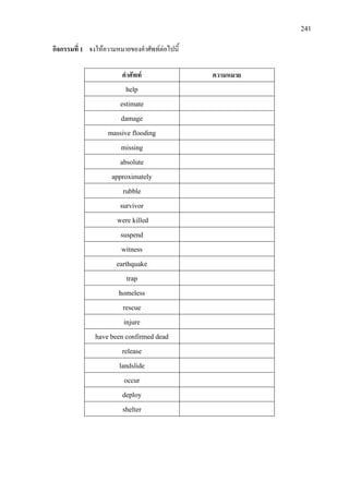 241
กิจกรรมที่ 1 จงใหความหมายของคําศัพทตอไปนี้
คําศัพท ความหมาย
help
estimate
damage
massive flooding
missing
absolute
approximately
rubble
survivor
were killed
suspend
witness
earthquake
trap
homeless
rescue
injure
have been confirmed dead
release
landslide
occur
deploy
shelter
 