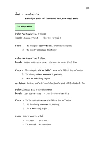 242
เรื่องที่ 3 โครงสรางประโยค
Past Simple Tense, Past Continuous Tense, Past Perfect Tense
ประโยค Past Simple Tense เชิงบอกเลา
โครงสราง : Subject + Verb 2 (ประธาน + กริยาชองที่ 2)
ตัวอยาง 1. The earthquake occurred at 16:53 local time on Tuesday.
2. The ministry announced it yesterday.
ประโยค Past Simple Tense เชิงปฏิเสธ
โครงสราง : Subject + did + not + Verb 1 (ประธาน + did+ not + กริยาชองที่ 1)
ตัวอยาง 1. The earthquake did not ( didn’t ) occur at 16:53 local time on Tuesday.
2. The ministry did not announce it yesterday.
3. It did not move along its path.
*** ขอสังเกต : เมื่อนํา did มาใชในประโยคแลวตองเปลี่ยนกริยาชองที่ 2 ใหเปนกริยาชองที่ 1 ดวย
ประโยค Past Simple Tense เชิงคําถามและการตอบ
โครงสราง : Did + Subject + Verb 1 ( Did + ประธาน + กริยาชองที่ 1 )
ตัวอยาง 1. Did the earthquake occur at 16:53 local time on Tuesday ?
2. Did the ministry announce it yesterday?
3. Did it move along its path?
การตอบ ตอบดวย Yes หรือ No ดังนี้
1. Yes, it did. No, it didn’t.
2. Yes, they did. No, they didn’t.
Past Simple Tense
 