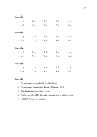 257
กิจกรรมที่ 2
1. b 2. b 3. a 4. a 5. c
6. d 7. a 8. d 9. a 10. a
กิจกรรมที่ 3
1. b 2. b 3. d 4. c 5. c
6. d 7. c 8. b 9. a 10. a
กิจกรรมที่ 4
1. d 2. a 3. b 4. c 5. a
6. b 7. c 8. d 9. c 10. d
กิจกรรมที่ 5
1. b 2. a 3. b 4. a 5. b
6. a 7. b 8. a 9. a 10. a
กิจกรรมที่ 6
1. The earthquake occurred at 16:53 of local time.
2. The earthquake happened on Tuesday,12 January 2010.
3. Aftershocks occurred at least 52 times.
4. People were affected by the quake estimated at three million people.
5. 1,000,000 People were homeless.
 