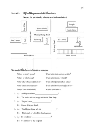 276
กิจกรรมที่ 3 ใหผูเรียนใชขอมูลจากแผนผังตอไปนี้ตอบคําถาม
(Answer the questions by using the provided map below.)
Muang Thong Road
Monument
Sirichai Road Train Station
ใชคําถามตอไปนี้เติมในชองวางใหถูกตองตรงตามภาพ
Where is Jane’s house? What is the train station next to?
Where is Ed’s house? What is the temple behind?
What’s Ed’s house opposite to? What is the police station across?
What’s Jane’s house near? What is the food shop opposite to?
Where’s the monument? Where is the bank?
1. A : Could you tell me ________________________?
B : The police station is opposite to the food shop.
2. A : Do you know ____________________?
B : It’s on Srikrung Road.
3. A : Would you please tell me ________________?
B : The temple is behind the health center.
4. A : Do you know ____________________?
B : It’s opposite to the hospital.
PostOffice
Police Station
Health Center
Temple
Jane’s house
Bank
Food shop
Hospital
Ed’s house
PattanaRoad
SirikrongRoad
 