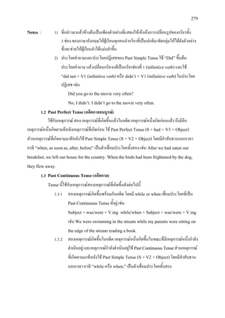 279
Notes : 1) ที่กลาวมาแลวขางตนเปนเพียงตัวอยางที่แสดงใหเห็นถึงการเปลี่ยนรูปของกริยาทั้ง
3 ชอง ของภาษาอังกฤษใหผูเรียนทุกคนนํากริยาที่เปนปกติมาจัดกลุมใหไดดังตัวอยาง
ซึ่งจะชวยใหผูเรียนจําไดแมนยําขึ้น
2) ประโยคคําถามและประโยคปฏิเสธของ Past Simple Tenseใช “Did” ขึ้นตน
ประโยคคําถาม แลวเปลี่ยนกริยาแทเปนกริยาชองที่ 1 (infinitive verb)และใช
“did not + V1 (infinitive verb)หรือ didn’t + V1 (infinitive verb)ในประโยค
ปฏิเสธ เชน
Did you go to the movie very often?
No, I didn’t. I didn’t go to the movie very often.
1.2 Past Perfect Tense(อดีตกาลสมบูรณ)
ใชกับเหตุการณ สอง เหตุการณที่เกิดขึ้นแลวในอดีต เหตุการณหนึ่งเกิดกอนแลว ถึงมีอีก
เหตุการณหนึ่งเกิดตามทีหลังเหตุการณที่เกิดกอน ใช Past Perfect Tense (S + had + V3 + Object)
สวนเหตุการณที่เกิดตามมาทีหลังใช Past Simple Tense (S + V2 + Object)โดยมีคําสันธานบอกเวลา
อาทิ “when, as soon as, after, before”เปนตัวเชื่อมประโยคทั้งสอง เชน After we had eaten our
breakfast, we left our house for the country. When the birds had been frightened by the dog,
they flew away.
1.3 Past Continuous Tense(อดีตกาล)
Tenseนี้ใชกับเหตุการณสองเหตุการณที่เกิดขึ้นดังตอไปนี้
1.3.1 สองเหตุการณเกิดขึ้นพรอมกันอดีต โดยมี while or when เชื่อมประโยคที่เปน
Past Continuous Tenseทั้งคู เชน
Subject + was/were + V.ing while/when + Subject + was/were + V.ing
เชน We were swimming in the stream while my parents were sitting on
the edge of the stream reading a book.
1.3.2 สองเหตุการณเกิดขึ้นในอดีต เหตุการณหนึ่งเกิดขึ้นในขณะที่มีเหตุการณหนึ่งกําลัง
ดําเนินอยู และเหตุการณกําลังดําเนินอยูใช PastContinuousTenseสวนเหตุการณ
ที่เกิดตามมาทีหลังใช Past Simple Tense (S + V2 + Object)โดยมีคําสันธาน
บอกเวลา อาทิ “whileหรือ when,”เปนตัวเชื่อมประโยคทั้งสอง
 